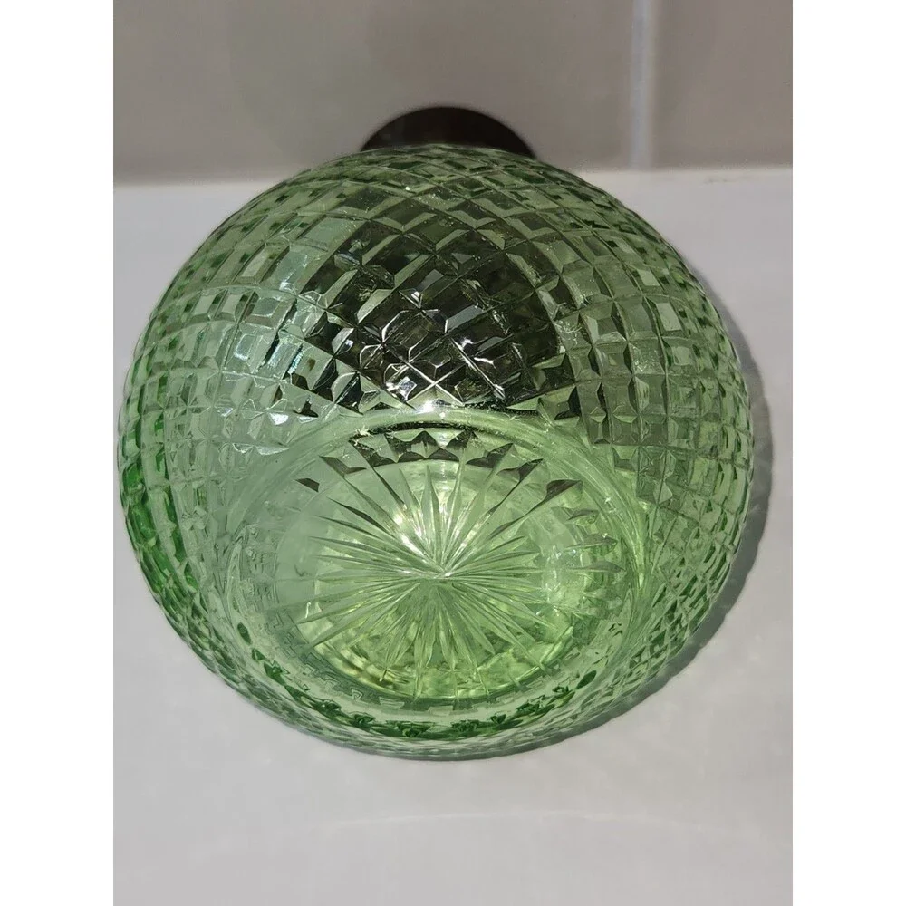 Vintage Small Green Decanter Cologne Bottle with Stopper Metal Collar Cut Glass